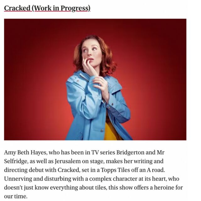 CRACKED, written by and starring AMY BETH HAYES, has been selected as the Evening Standard’s ‘Pick of Vault Festival 2023’! Catch it at the @vaultfestival from 7-10th February 🌹

⭐ @amybethhayes 

@evening.standard #vaultfestival #eveningstandard #cracked